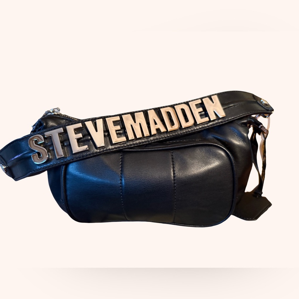 Steve Madden NWT Black Brhodes Shoulder Bag Bold Brand Silver Bling Logo (P141) - Picture 7 of 12